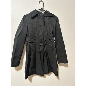 Guess Lightweight Rain Coat Long Button Down Black Womens Petite Small